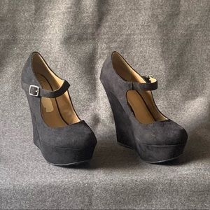D Black Suede Platform Wedge Mary Jane Heels